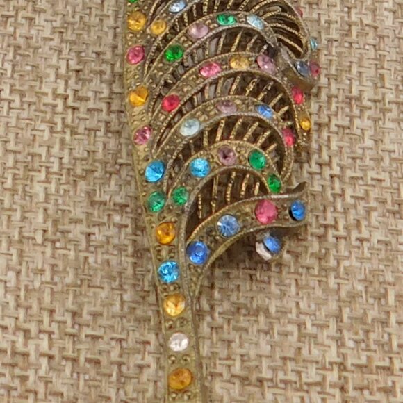 Crystal C-clasp Feather Leaf Pin Brooch VTG Cast Metal Multi Color Antique - Picture 3 of 6